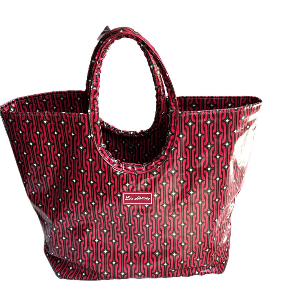 Lou Harvey Tote Large PVC Red Brown Geometric Print Beach Bag Travel Shopping